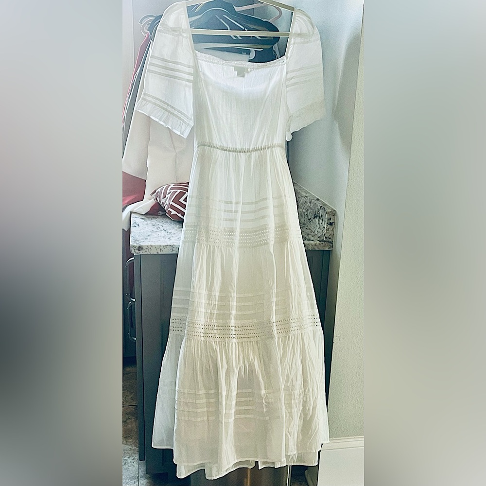 Hello Spring! Amazing White Lace & Pintuck Dress Sundance! Size L. Cottage-Core!